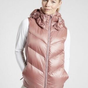 Athleta sz S down Puffer Vest with Hood metallic pink great pre owned condition